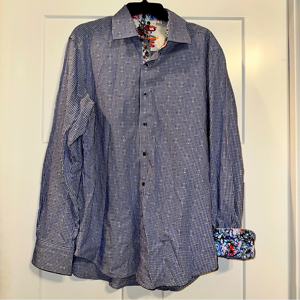 Robert Graham blue & white checked button down Floral sleeve cuffs XL
